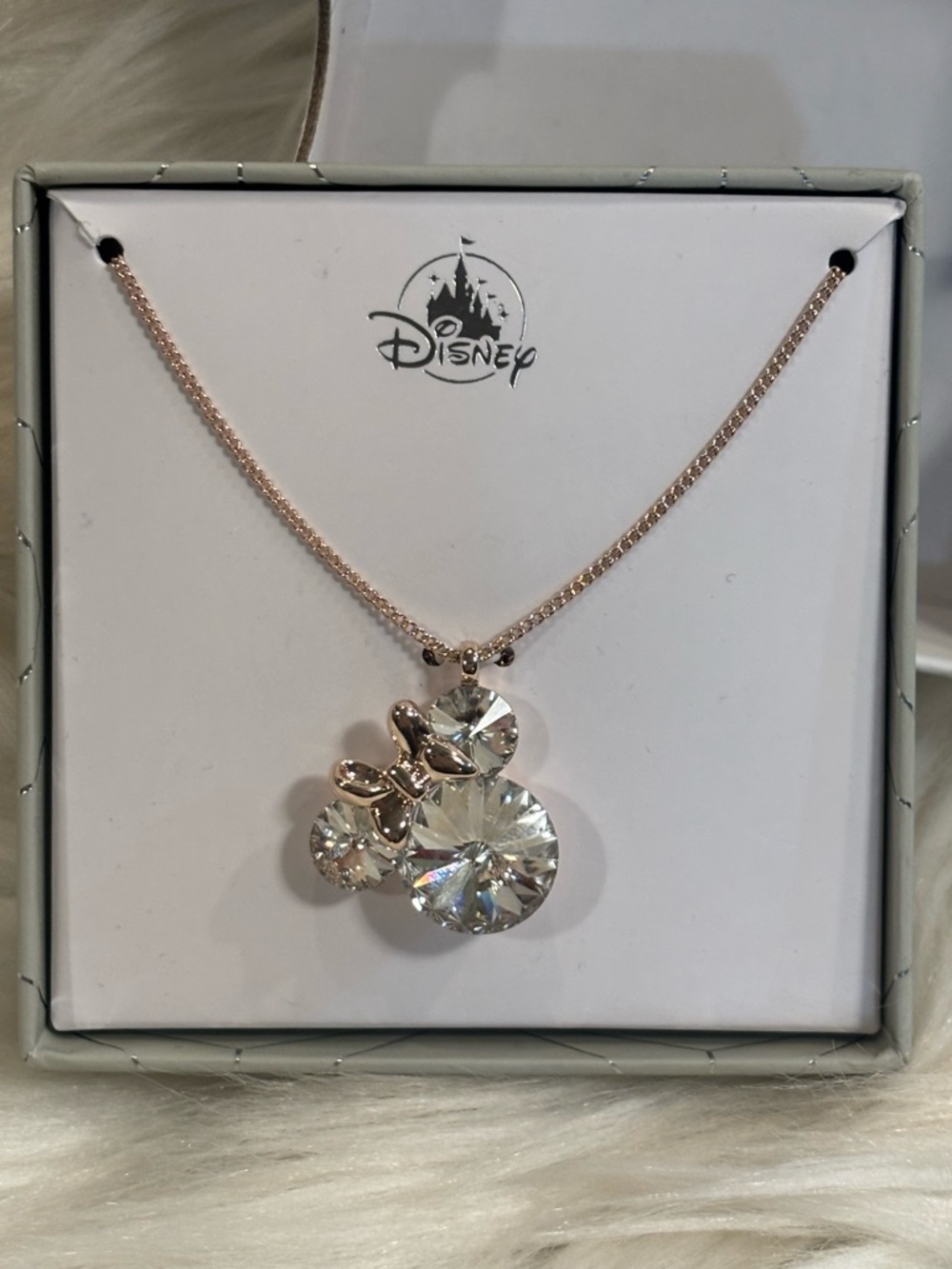 Disney Parks Minnie Mouse Crystal Icon Rose Gold Pendant Necklace In Box